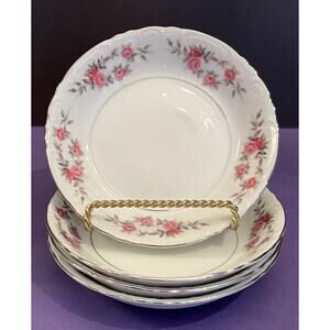 (4) Vintage Roslyn Kyoto Japan Fruit Bowls Pink Roses Gray Leaves Platinum Trim